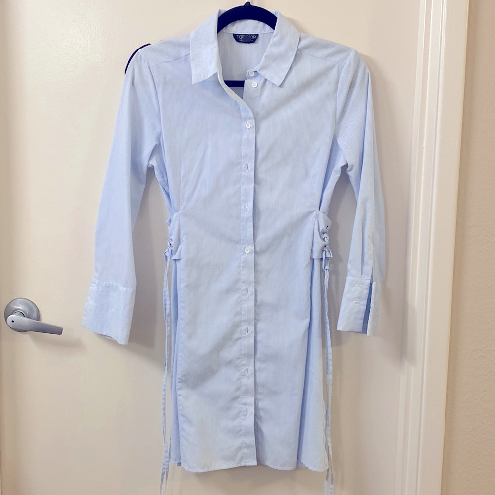 Topshop blue pinstriped dress shirt dress with adjustable cinched waist